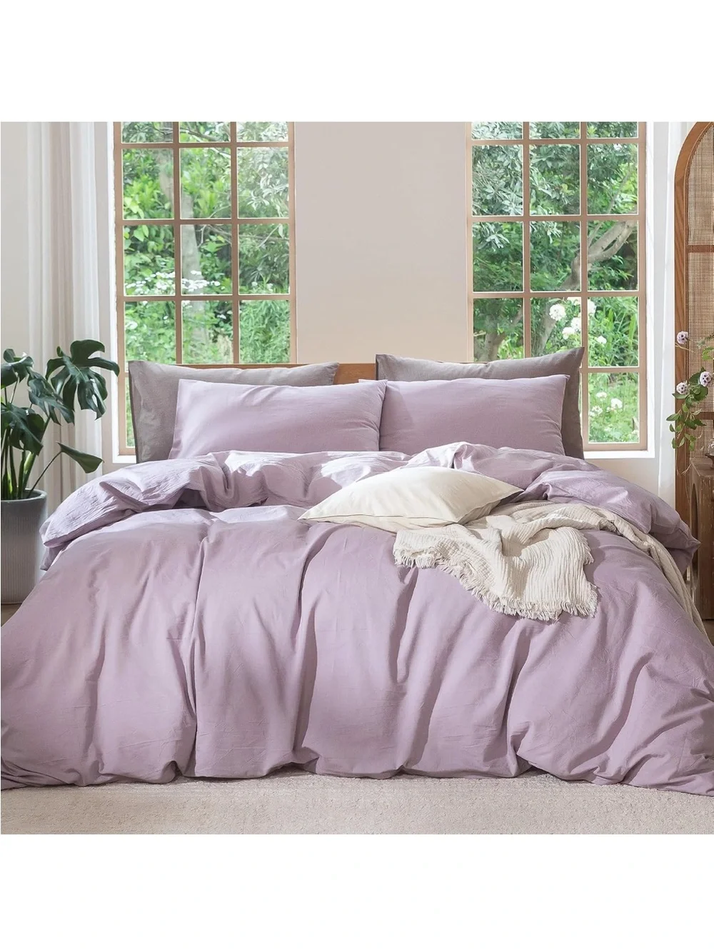 NEW MooMee 100% Washed Cotton, Linen-Like, Duvet Cover Set. Lavender